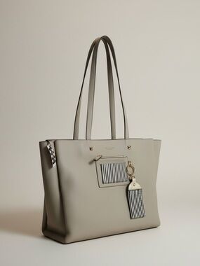 NWT Henri Bendel Gray Pebbled Leather Tote Gold Interior Structured Chic